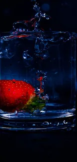 Strawberry splashing in a glass with water droplets.