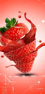 Dynamic red strawberry splash art on a vibrant background.