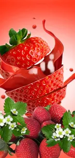 Dynamic strawberry splash with vibrant red hues and fresh green leaves.