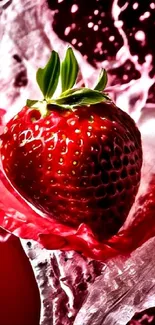 Vibrant strawberry splashing in red liquid artistic wallpaper.