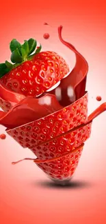 Vibrant artistic strawberry splash on a red background.