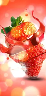 Vibrant strawberry splash art mobile wallpaper with a peach-orange background.