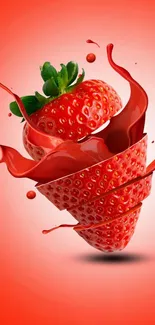 Dynamic red strawberry splash wallpaper with green highlights.