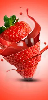 Vibrant strawberry art with red splash and green leaf details.