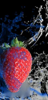 Red strawberry with splashing water on black background.