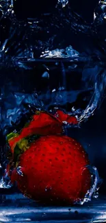 Strawberry submerged in water with splash effect on a dark background.