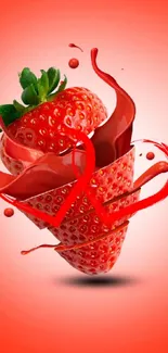 A vibrant red strawberry with a dynamic splash effect on a bright red background.