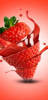 Artistic splash design of a sliced strawberry with red hues.