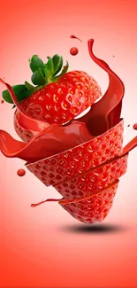 Dynamic art of a sliced strawberry with a splash effect in vibrant red hues.