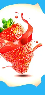 Dynamic strawberry splash wallpaper with red and blue vibrant colors.