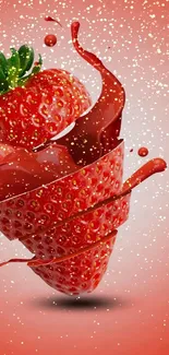 Vibrant strawberry splash with artistic flair on a red background.