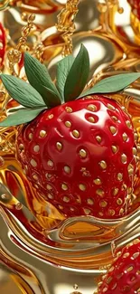 A vibrant strawberry splashes into golden liquid in this wallpaper design.