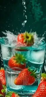 Strawberry splash with ice in a glass, vibrant wallpaper.