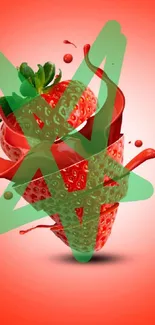 Vibrant wallpaper with a strawberry splash on a red background.