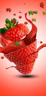 Vibrant red strawberry with splash effect on wallpaper.