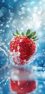 Juicy strawberry splashing into water with blue background.