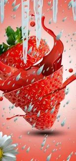 Dynamic strawberry splash wallpaper with vibrant red hues and artistic elements.