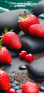 Bright strawberries on smooth black stones by the river edge.