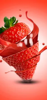 Vibrant strawberry swirl with artistic design on red background.