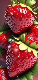 Vibrant red strawberries with green leaves wallpaper.