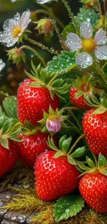 Close-up of fresh strawberries with leaves and flowers.
