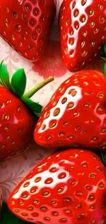 Juicy red strawberries with green leaves.