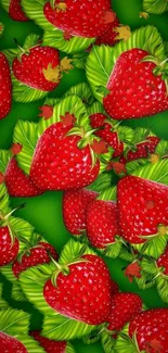 Vibrant pattern of strawberries with green leaves on a mobile wallpaper.