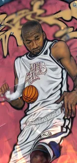 Graffiti mural of a basketball player in dynamic motion.