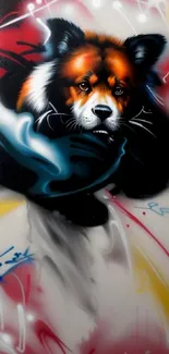 Colorful street art mural of a bear with vibrant reds and blues.