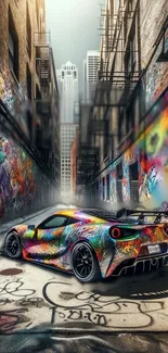 Colorful graffiti car in urban alley with vibrant street art.