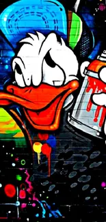 Graffiti-style artwork of a cartoon duck holding spray paint on a colorful wall.