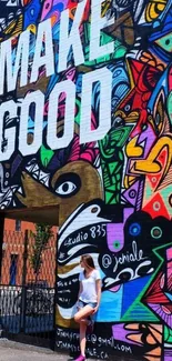 Colorful street art mural with 'Make Good' text and vibrant designs.