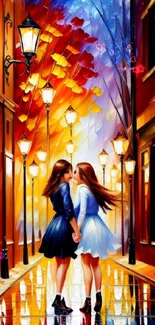 Vibrant street art of two women walking in a colorful alley.