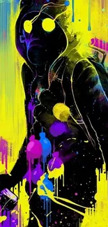 Vibrant street art wallpaper with hooded figure and bold colors.