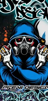 Graffiti art wallpaper featuring a masked figure with spray cans in vibrant blue.