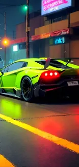 Neon green sports car on city street at night.