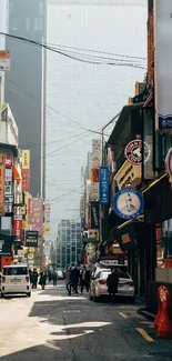 Vibrant city street scene with colorful signage and urban activities.