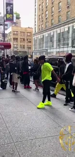 Dynamic urban street scene with vibrant neon attire.