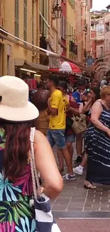 Lively street market with colorful crowd in a vibrant city scene.