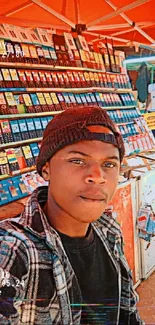 Young man in a vibrant street market with orange tones.