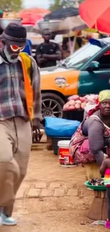 Vibrant street market scene with colorful stalls and people.