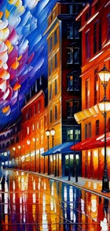 Colorful urban street at night with bright lights and reflections.