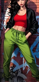 Stylish character in urban graffiti scene on brick wall.