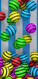 Colorful striped balls bouncing vividly.