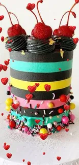 Vibrant vertical striped cake with cherries on top.