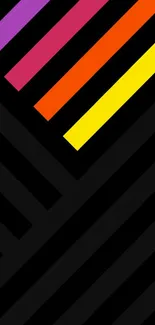 Vibrant striped wallpaper with black background and colorful diagonal lines.