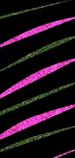 Abstract wallpaper with pink and green diagonal stripes on black background.