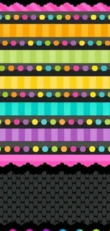 Colorful stripes and geometric pattern mobile wallpaper with black accents.