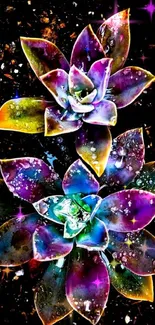 Colorful succulent plants with water droplets on a black background.