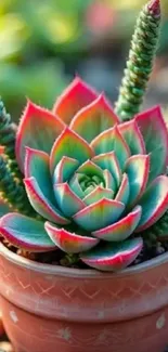 Vibrant succulent plant in a terracotta pot.